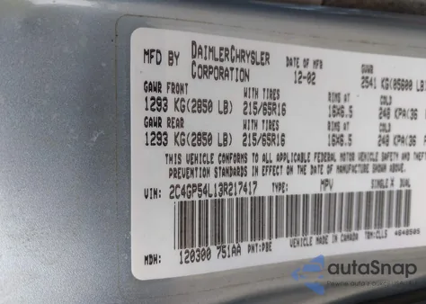 2003 Chrysler Town & Country Lxi from USA, damaged, VIN 2C4GP54L13R217417